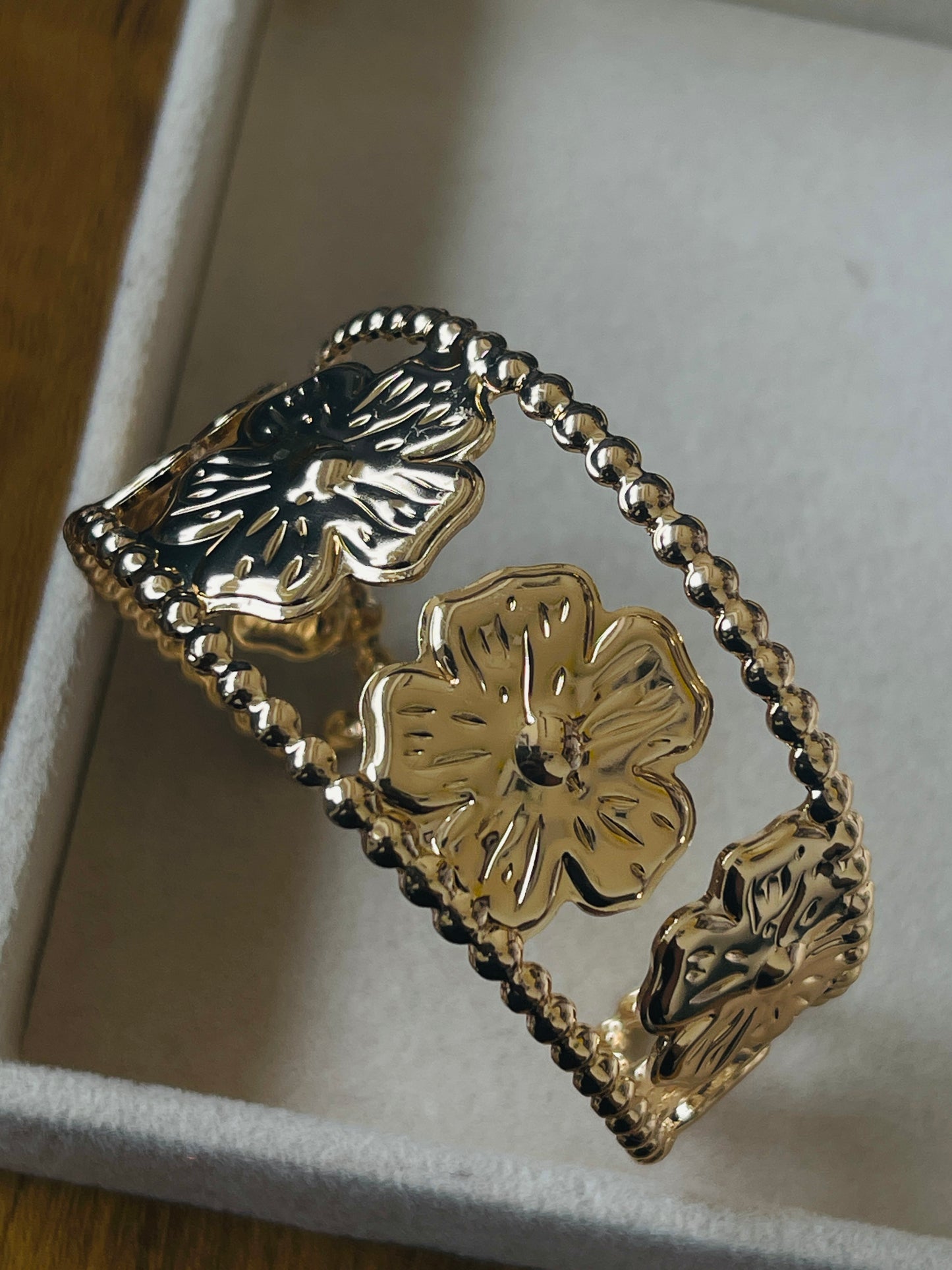 Gold Floral Beaded Edge Cuff Bangle