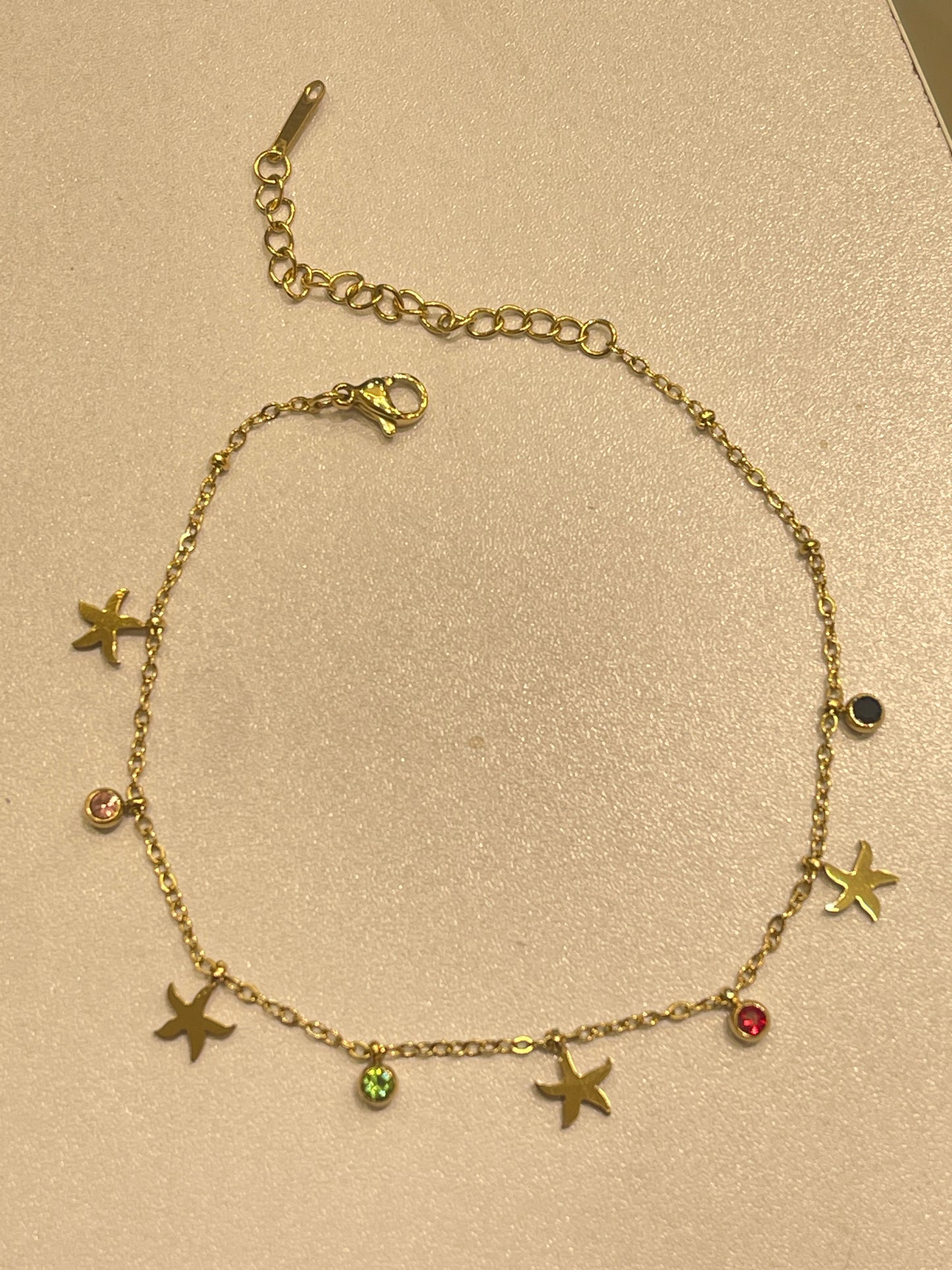 Gold Starfish Charm Anklet with Multicolour Crystals