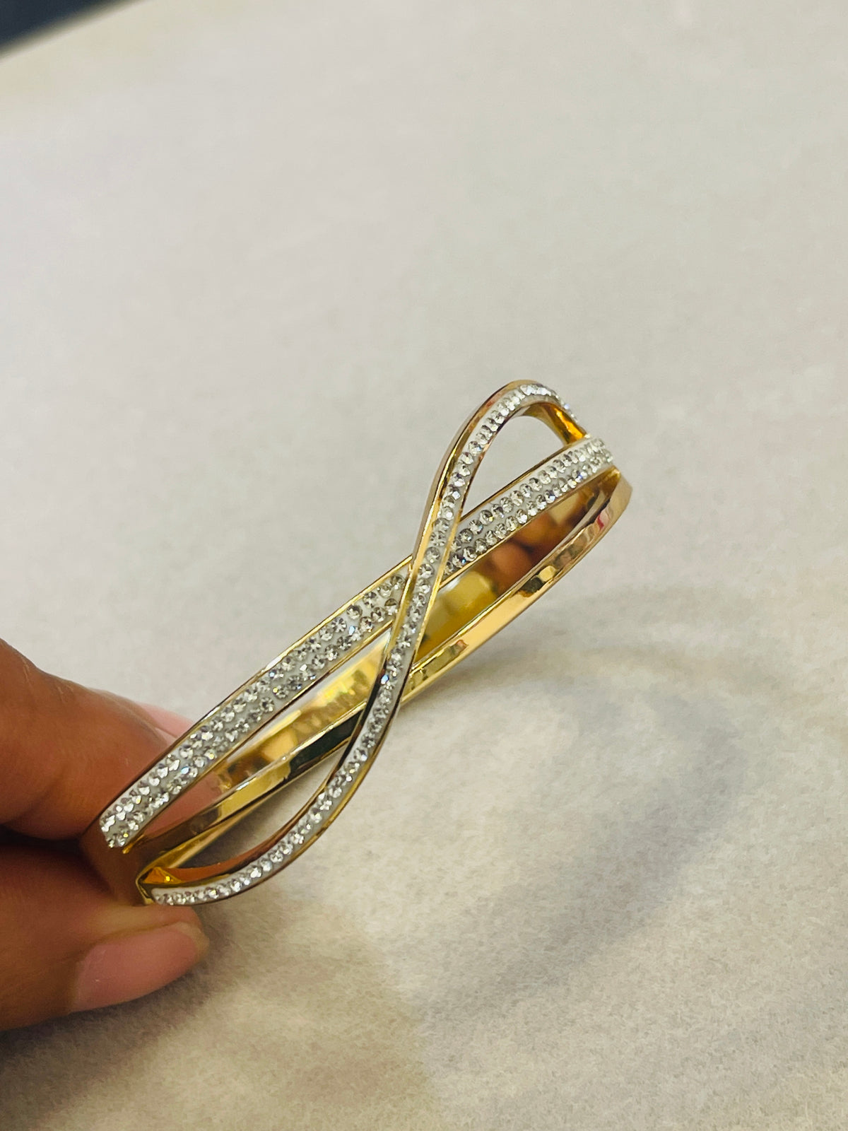 Gold Crystal Infinity Crossover Bangle