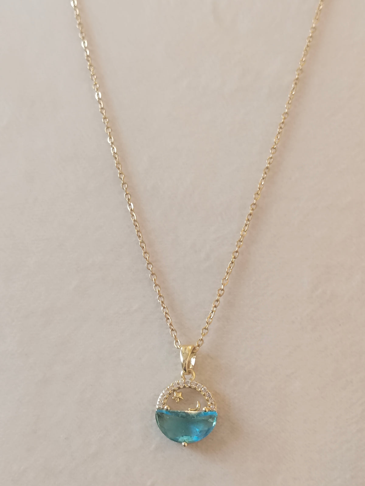 Celestial Moon & Star Aqua Crystal Necklace