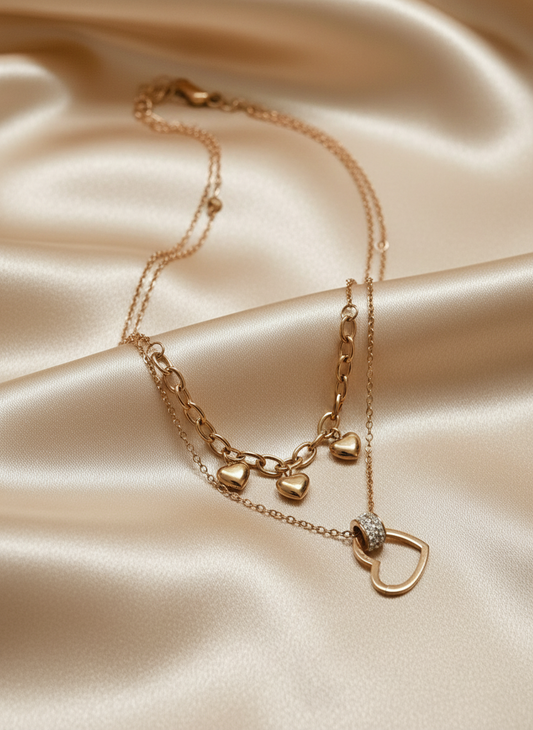 Double Layered Heart Cluster Rose Gold Necklace