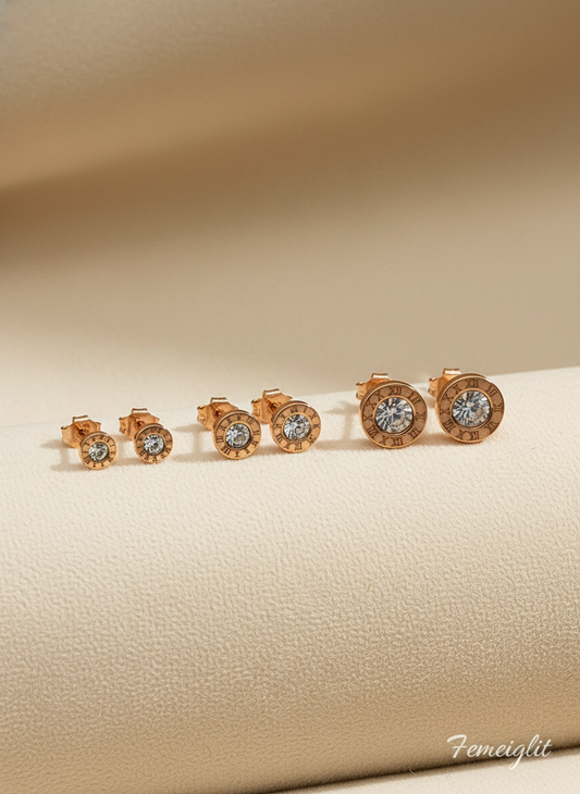 Rose Gold Roman Numeral Stud Earrings Set