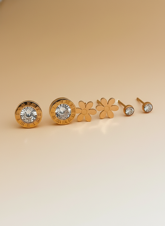 Chic Rose Gold Stud Set - Roman and Floral Mix