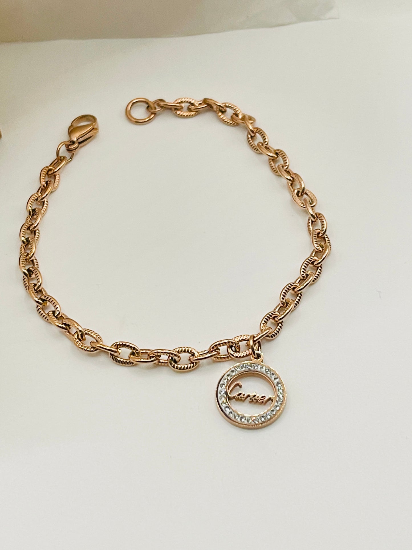 Rose Gold Textured Link Charm Bracelet