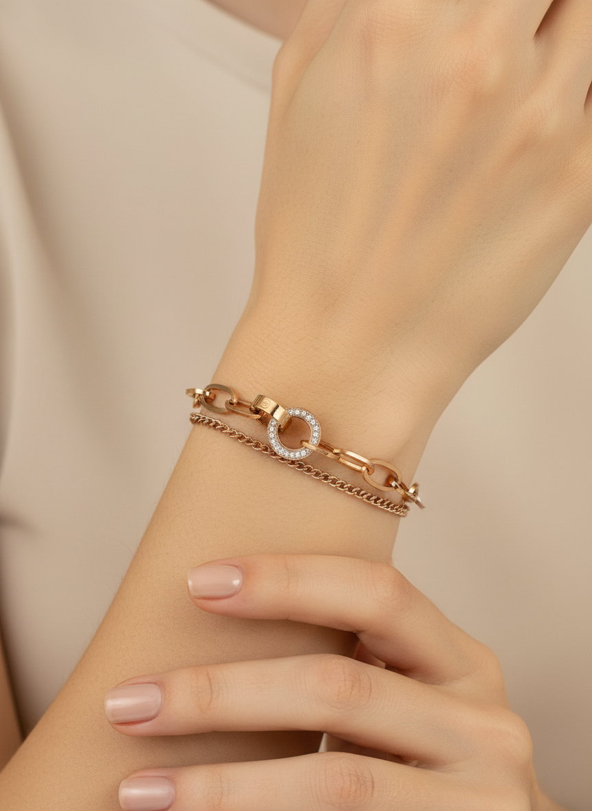 Rose Gold Double-Layer Mixed Link Bracelet
