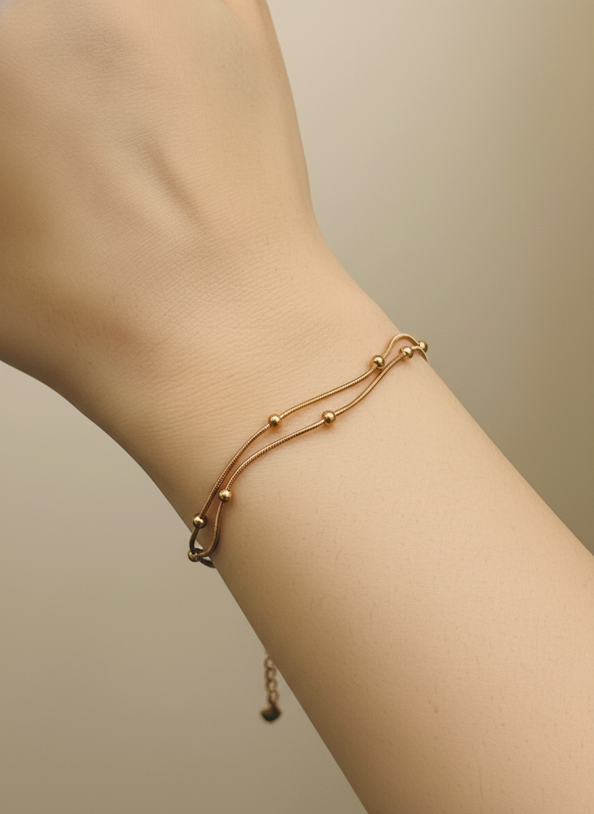 Rose Gold Beaded Double Snake Chain Bracelet