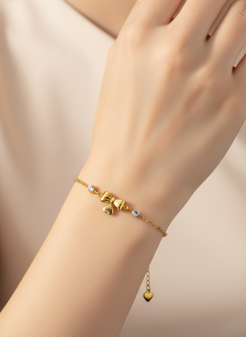 Gold Bow and Heart Charm Bracelet