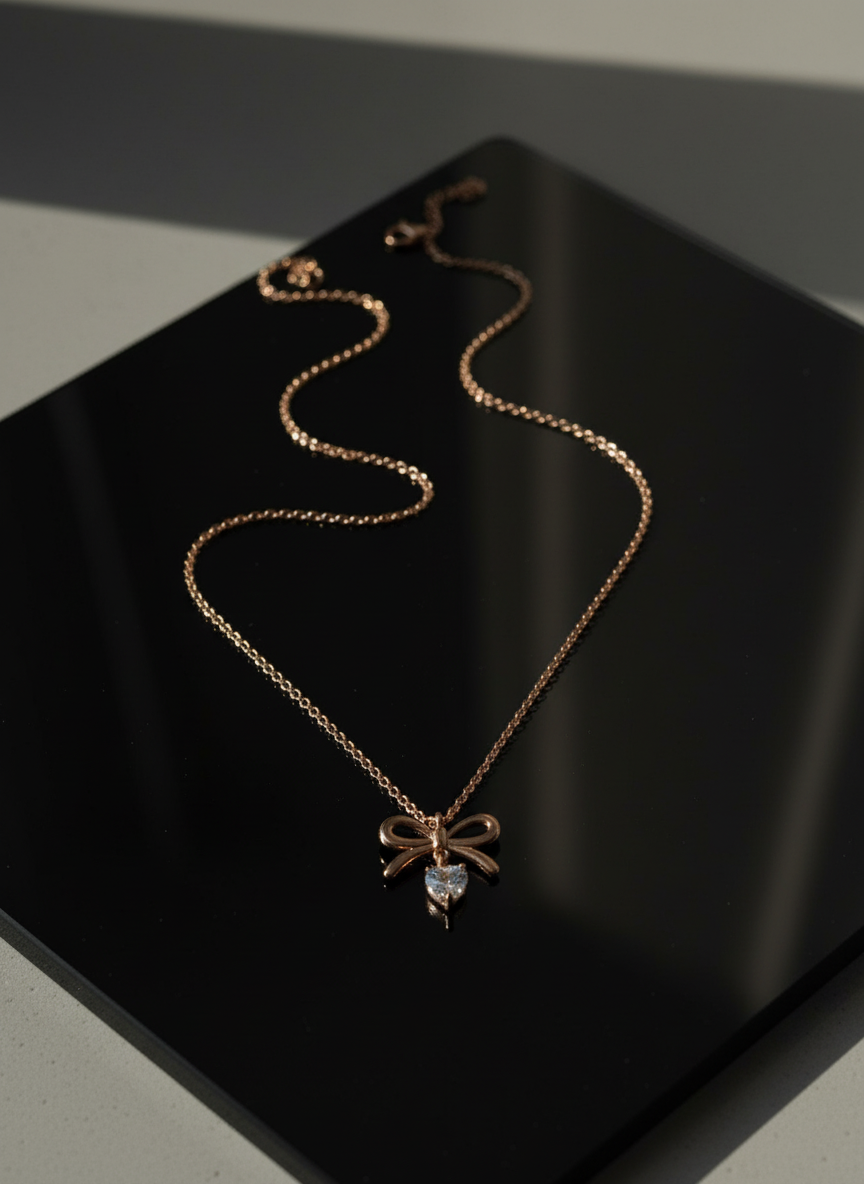 Rose Gold Bow & Heart Necklace