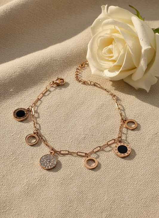 Rose Gold Roman Numeral and Circle Charm Bracelet