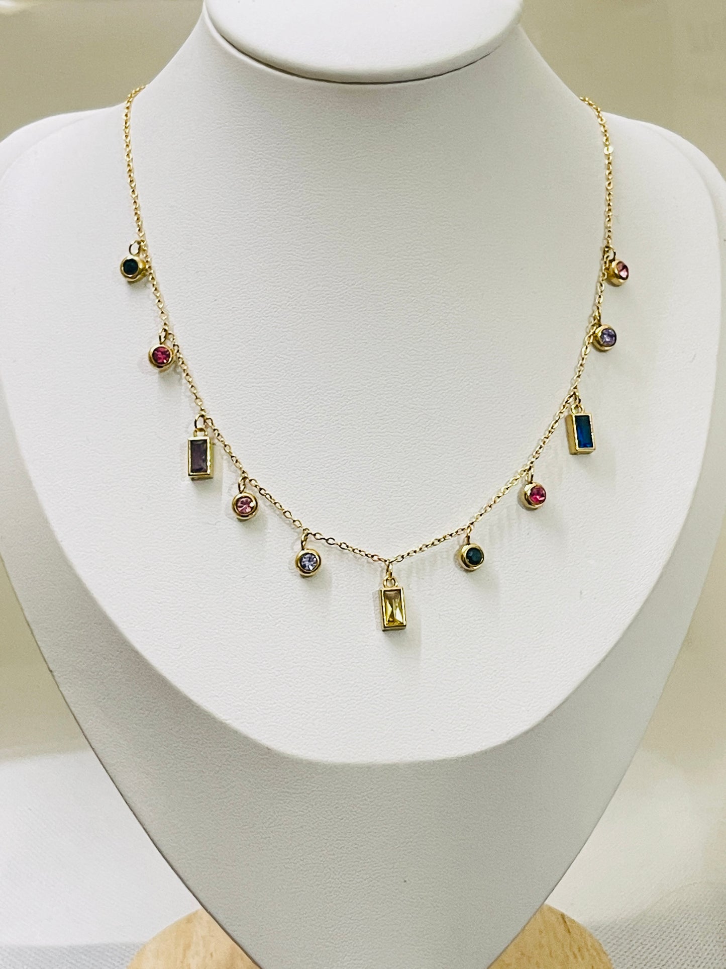 Rainbow Gemstone Charm Necklace - Gold