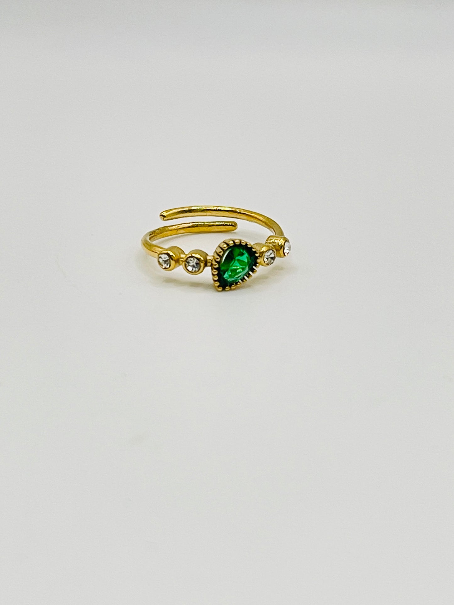 Emerald Green Stone Adjustable Ring - Gold Pavé