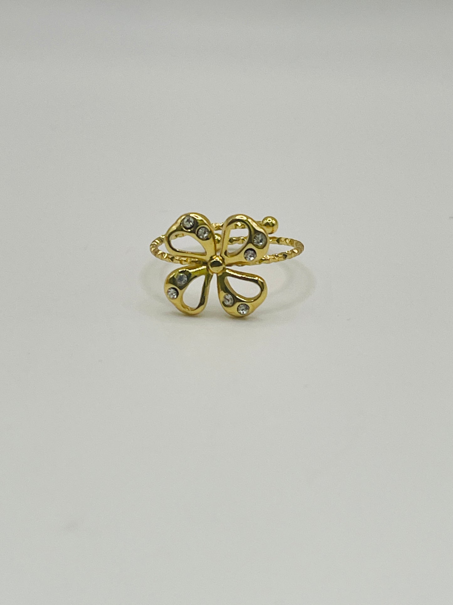 Crystal Flower Adjustable Ring - Gold Beaded Band