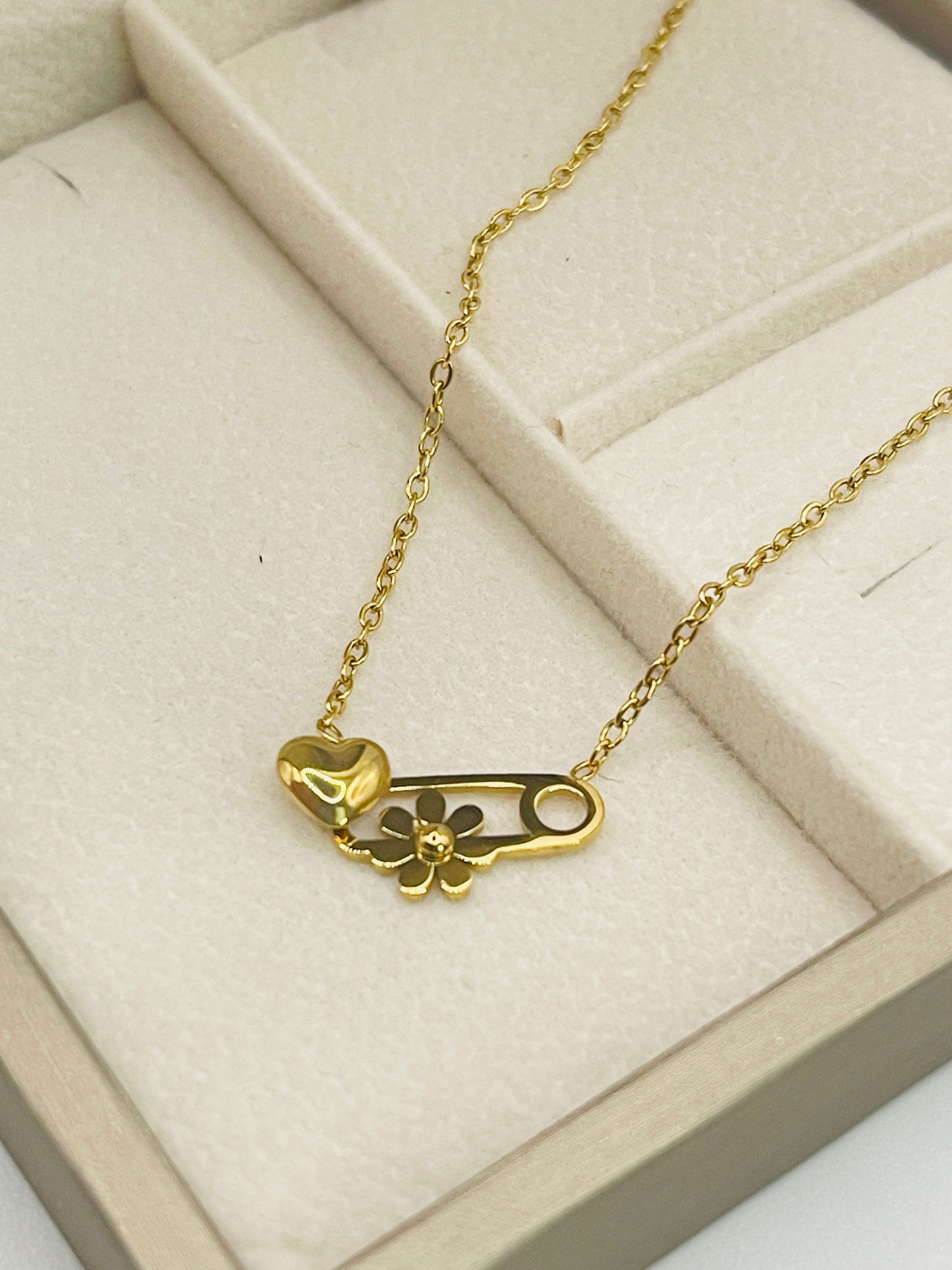 Heart & Daisy Safety Pin Necklace