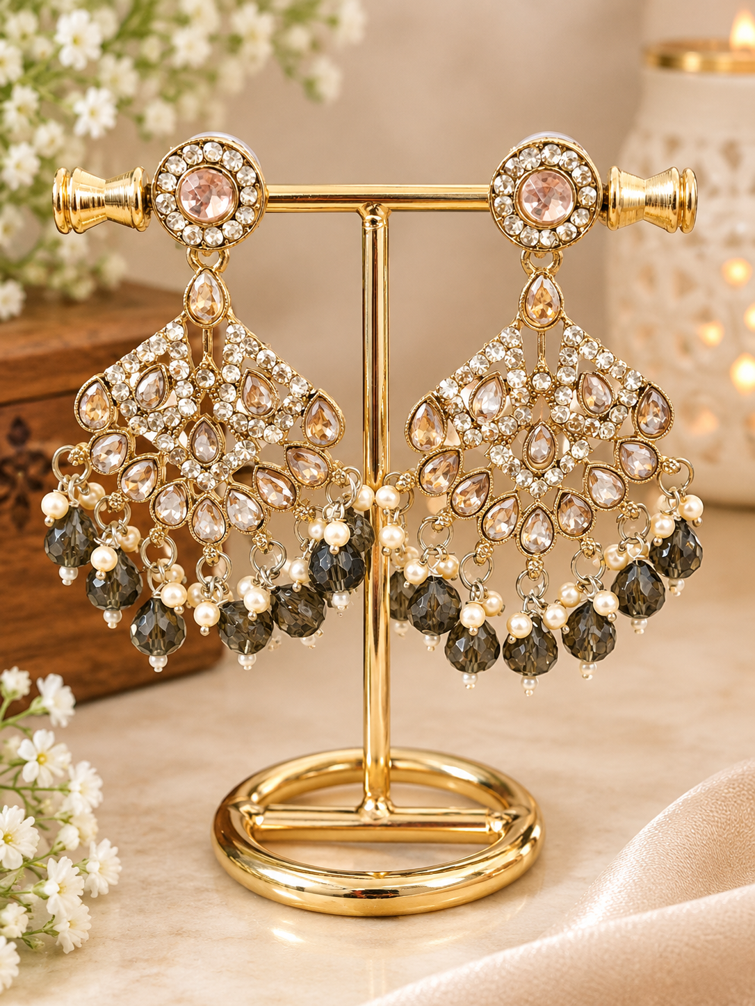 Gold-Tone Chandelier Earrings with Smoky Accents