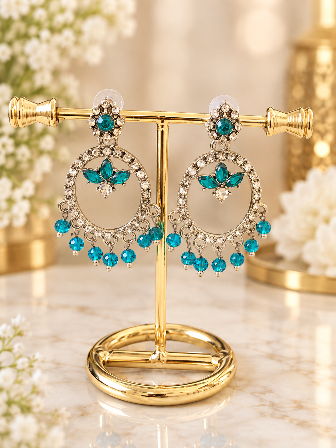 Teal Stone Chandbali Drop Earrings