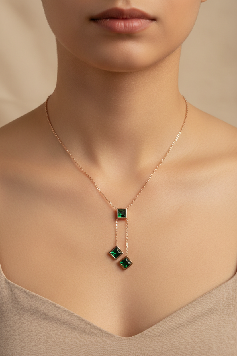Emerald Lariat Necklace — Rose Gold