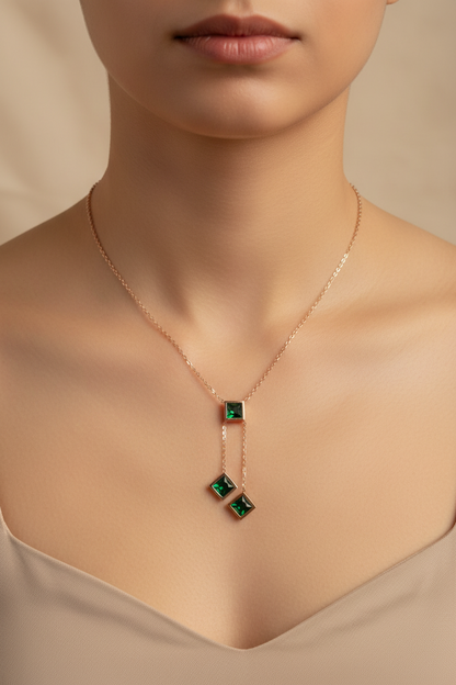 Emerald Lariat Necklace — Rose Gold