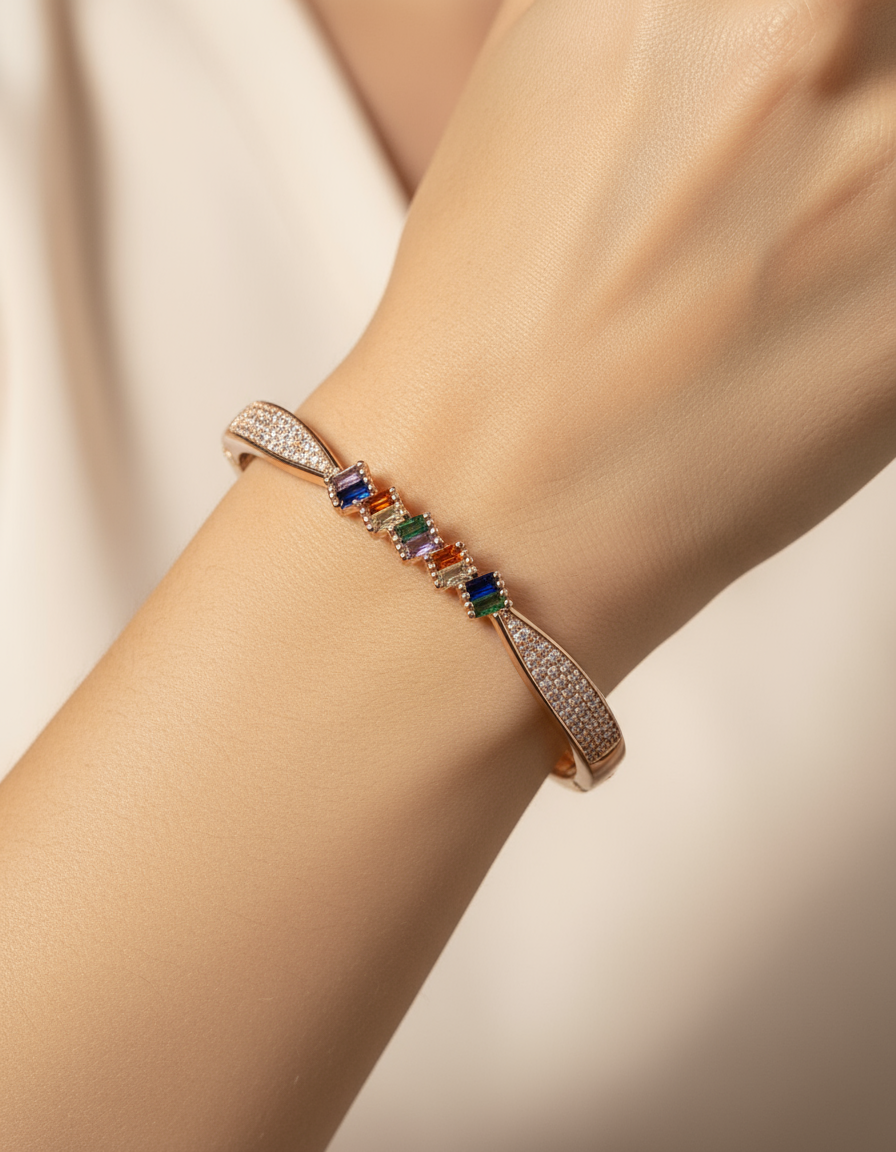 Rose Gold Rainbow Baguette bangle