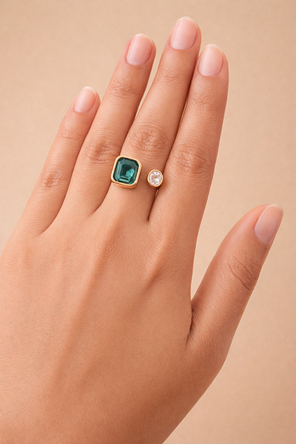 Dual Stone Emerald Crystal Adjustable Ring - Gold Open Band