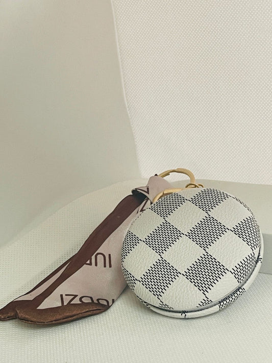 White Checkered Compact Mirror Keychain