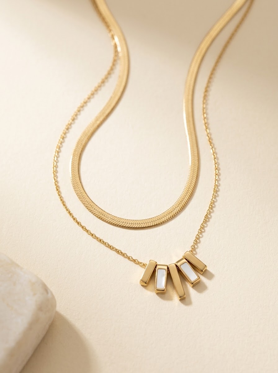 Gold Double Layer Fan Pearl Bar Fringe Necklace