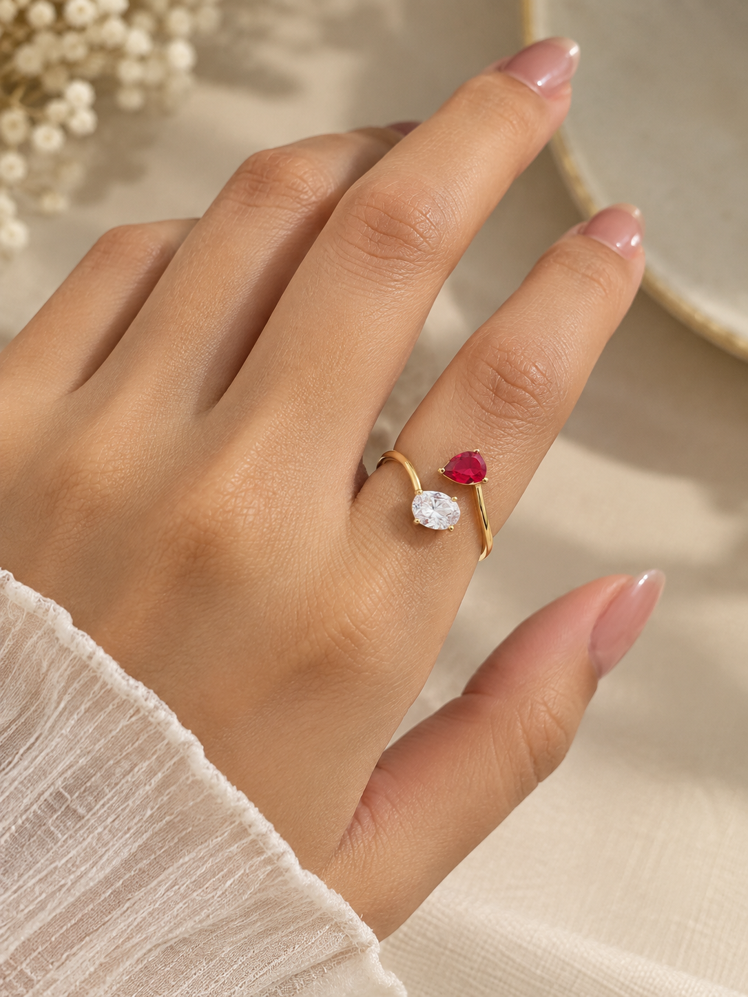 Red & Clear Two-Stone Open Ring