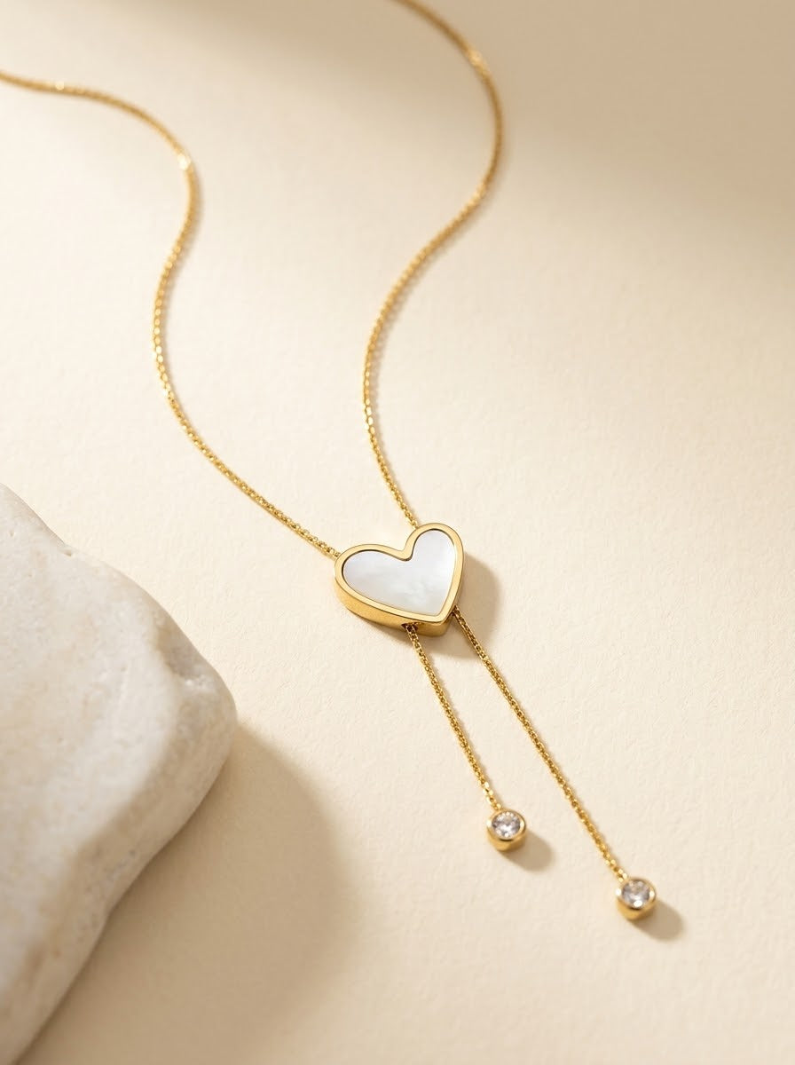 Gold Heart Lariat Necklace with Crystal Drops