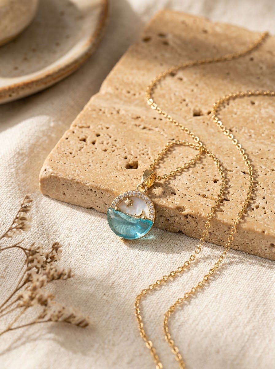 Celestial Moon & Star Aqua Crystal Necklace