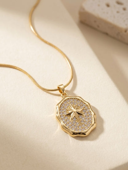 Gold Pave Crystal North Star Coin Pendant Necklace