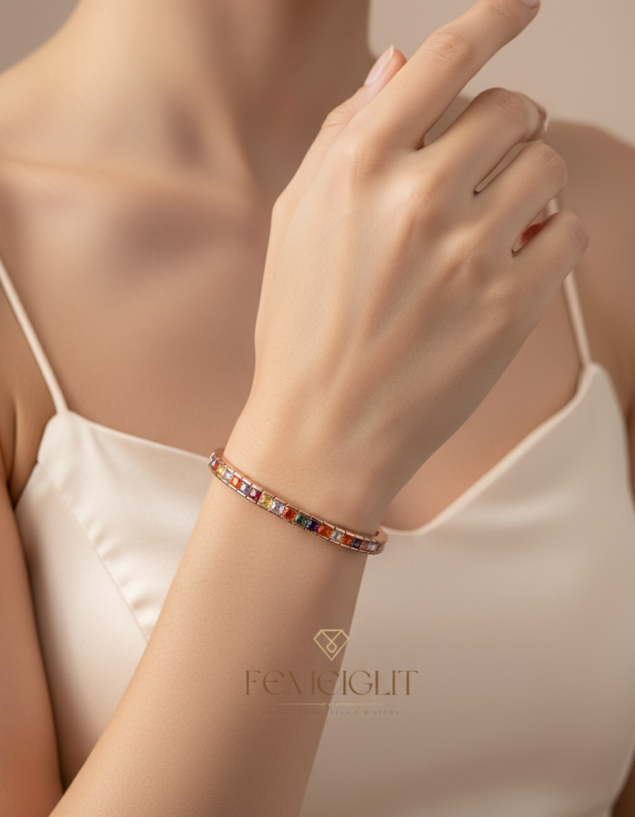 Rainbow Eternity Multi-Gem Rose Gold Bangle