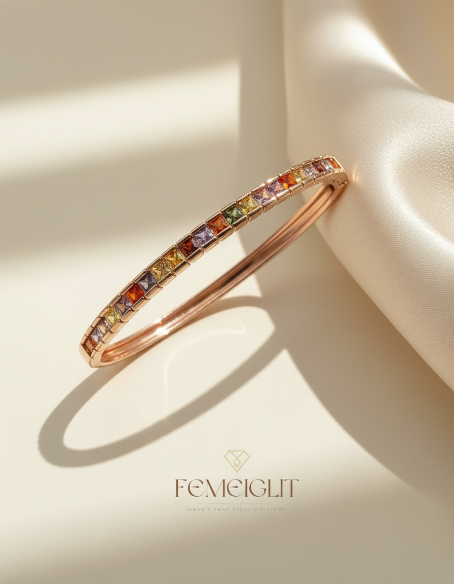 Multicolored gemstone bracelet on a light background with 'Femeiglit' branding.
