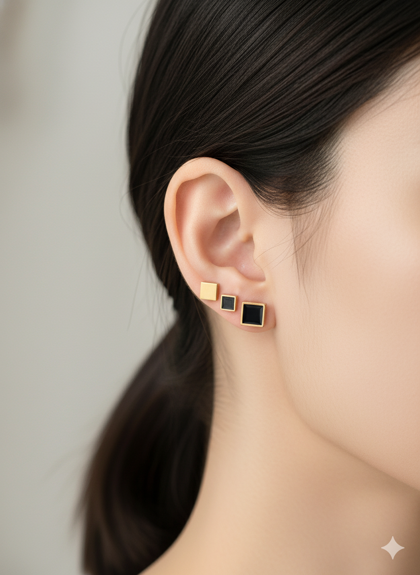 Geometric Square Stud Earrings Set| Rose Gold