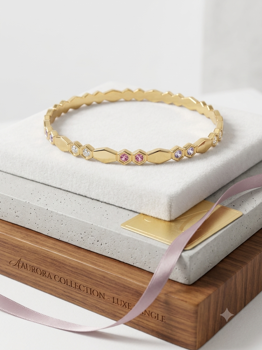 Hexagon Multi Stone Gold Bangle