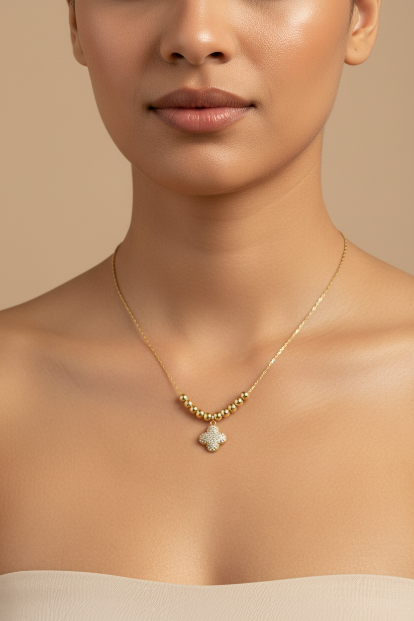 Gold Clover Crystal Bead Chain Necklace