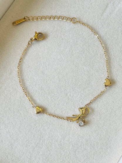 Gold Plated Bow & Heart Charm Bracelet