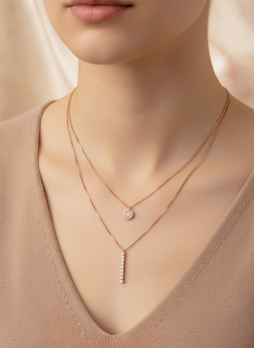 Close-up of a person wearing double layer rose gold necklaces with pendants on a beige background
