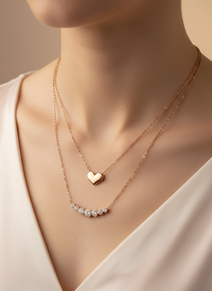Rose gold necklace with heart pendant and diamond-studded bar on a mannequin.