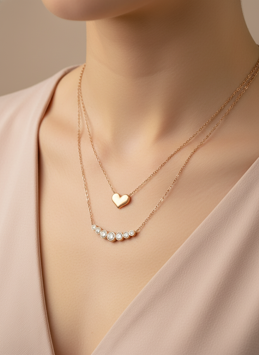Necklace with heart pendant and pearl drop on a mannequin wearing a beige top.