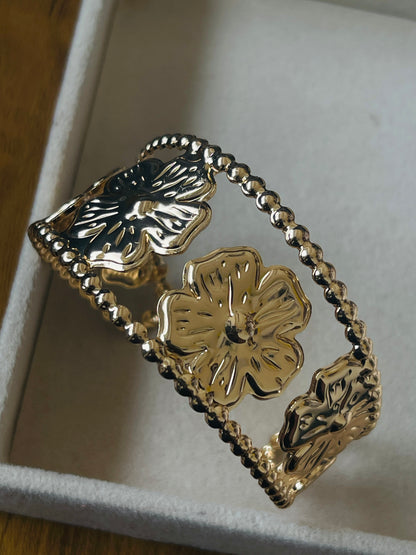 Gold Floral Beaded Edge Cuff Bangle