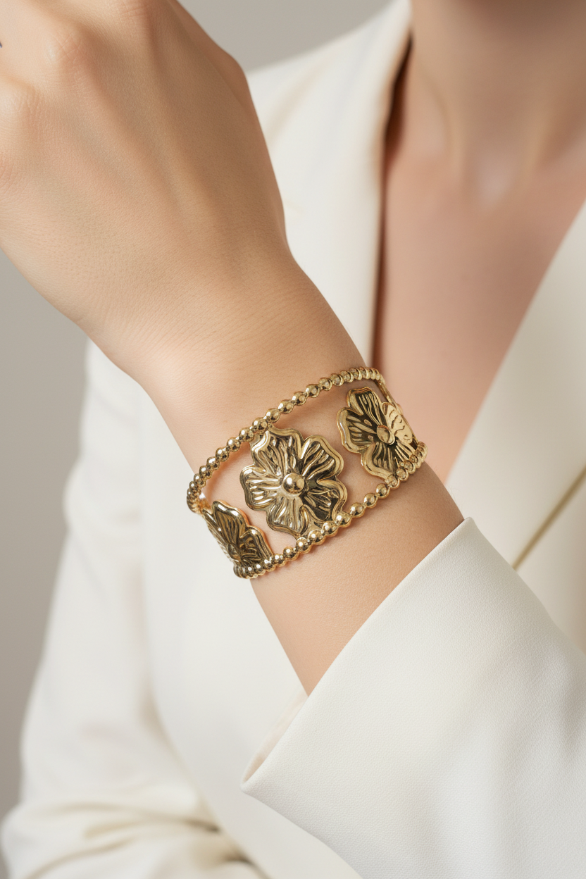 Gold Floral Beaded Edge Cuff Bangle