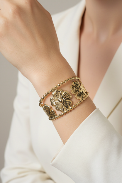 Gold Floral Beaded Edge Cuff Bangle