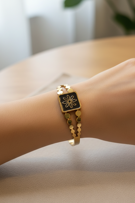 Black Enamel Daisy Bangle