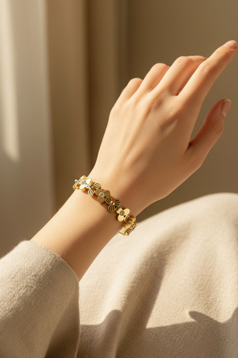 Daisy Flower Bangle with Crystal Accents