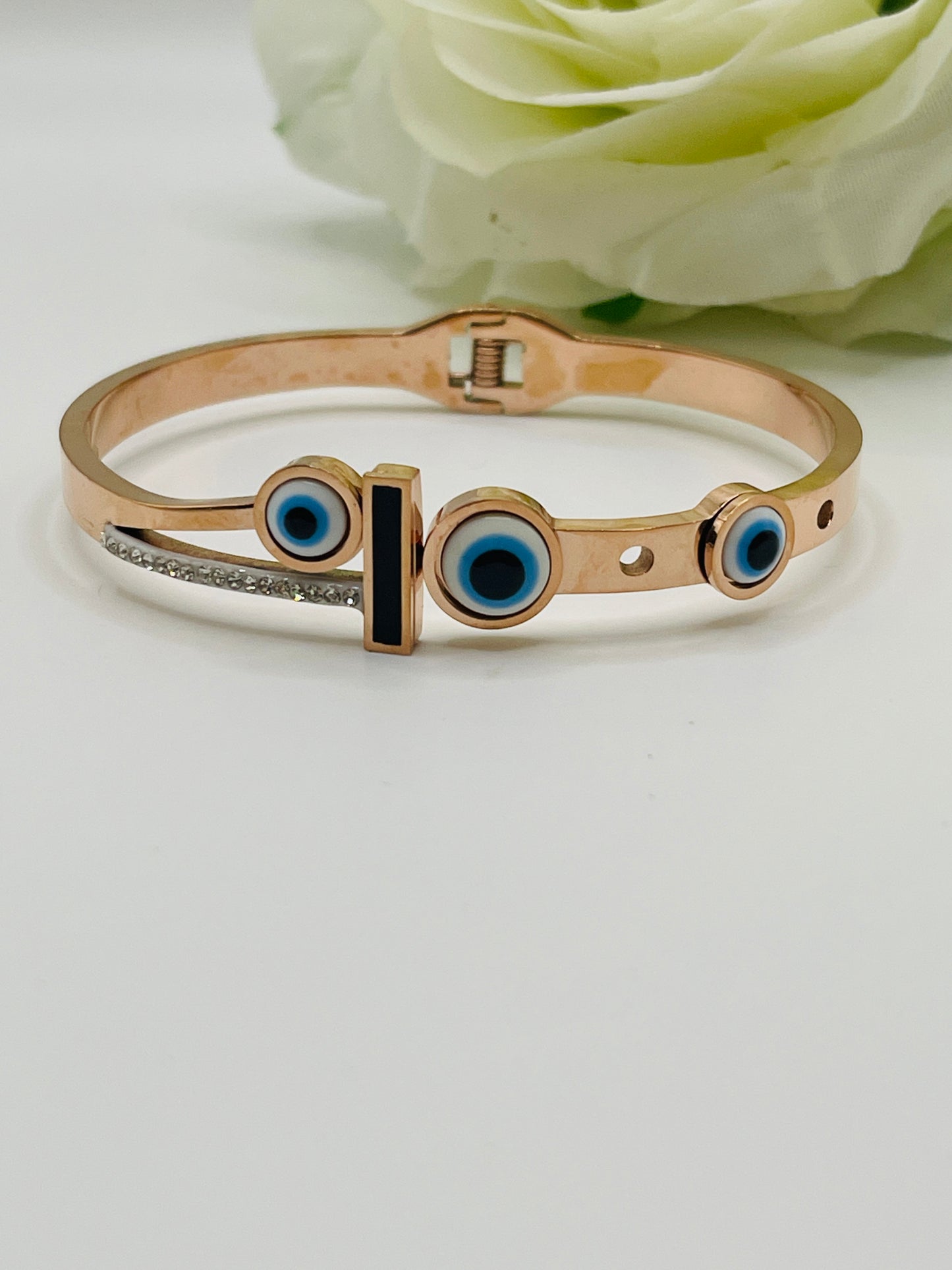 Modern Evil Eye Rose Gold Hinged Bangle