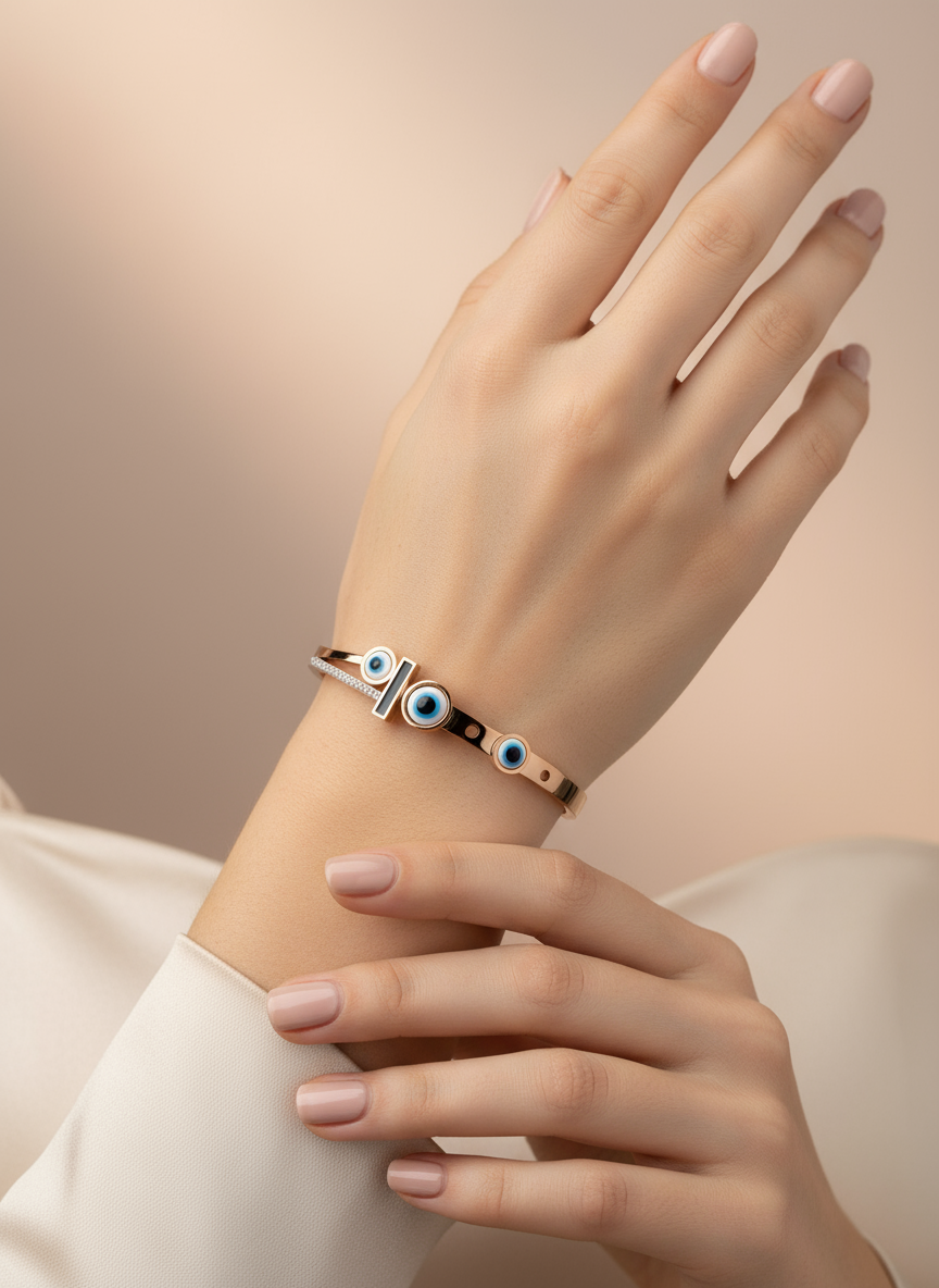 Hand wearing a bracelet with blue eye design on a neutral background
