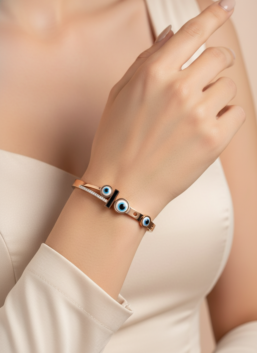 Close-up of a hand wearing a rose gold bracelet with blue evil eye charms.