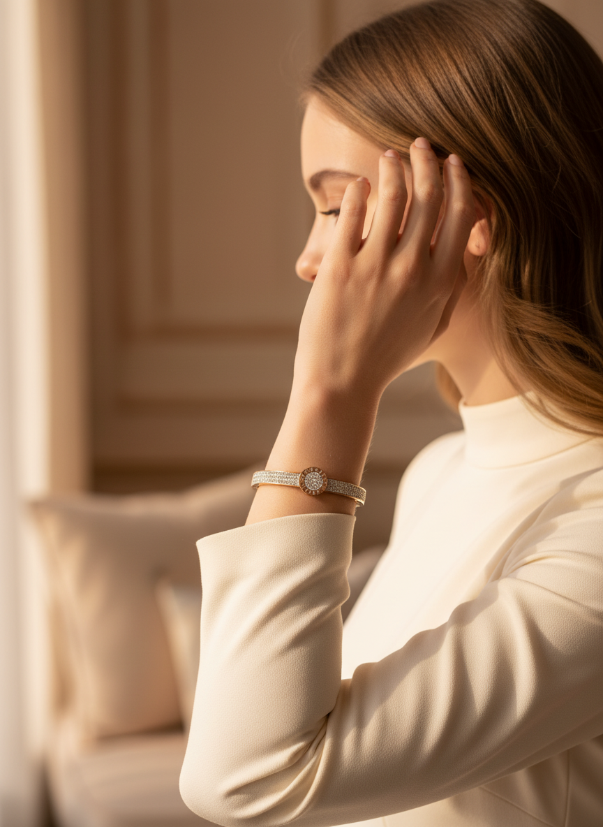 Woman with a concerned expression, holding her head in a softly lit room.