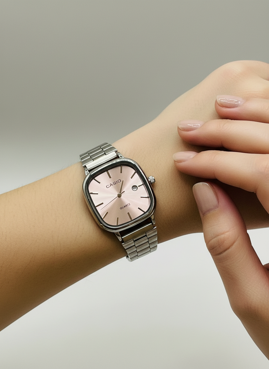 Casio Silver Square-Round Dial Link Watch