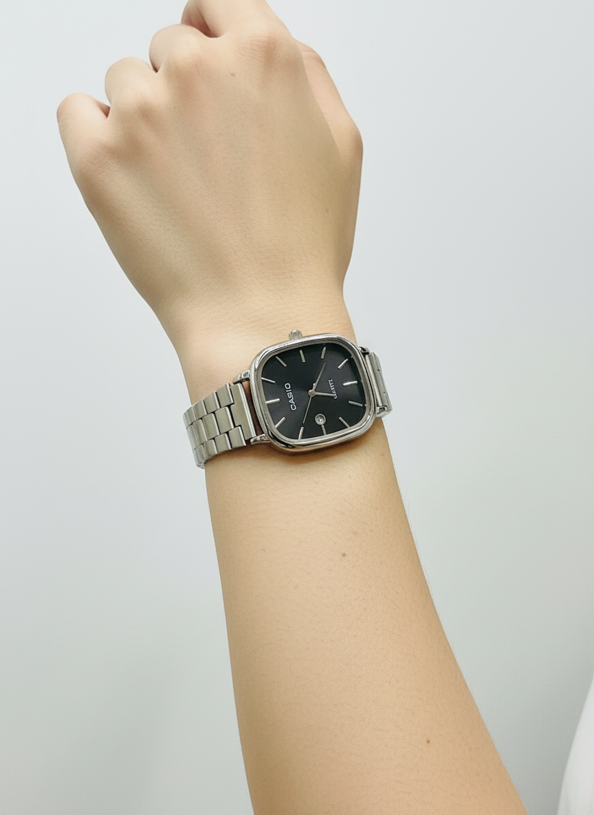 Casio Silver Square-Round Dial Link Watch