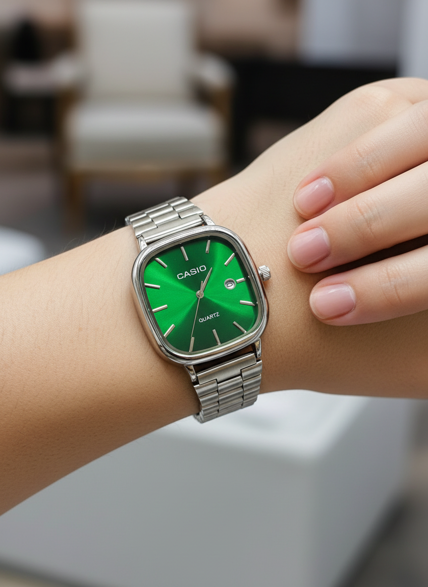 Casio Silver Square-Round Dial Link Watch